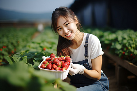 女孩和草莓农田里的欢笑背景