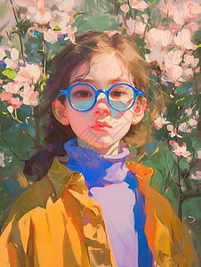 蓝眼镜的小女孩与盛开的花朵图片