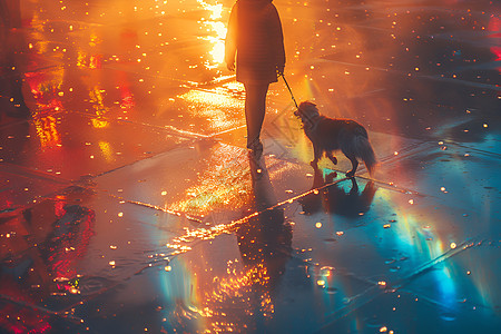 夜晚雨中的人和狗高清图片