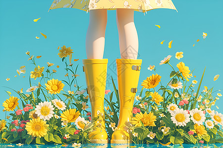 花海中的黄色雨靴图片