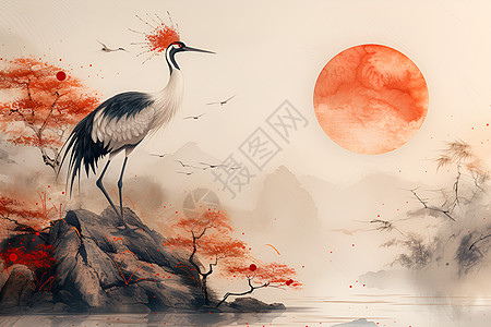 山脉上的一只红冠鹤图片