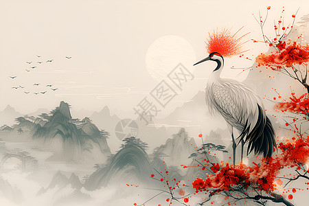 红顶鹤舞山水间图片