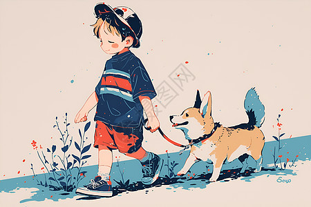 男孩穿着短袖遛狗散步图片