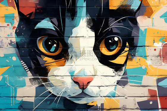 彩猫在城市砖墙上图片