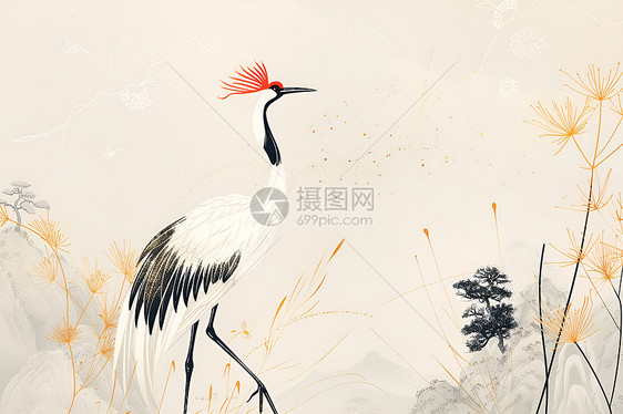 美丽的丹顶鹤走在山间图片