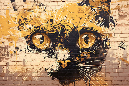 砖墙上的猫咪涂鸦图片