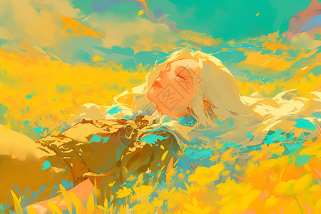 秋天田野中躺着的女孩图片
