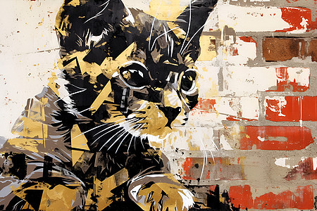 砖墙上的彩绘猫咪图片