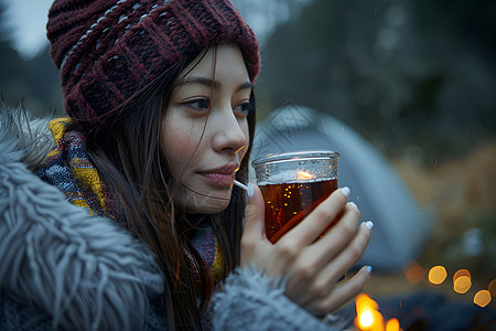 举着饮料的女子图片