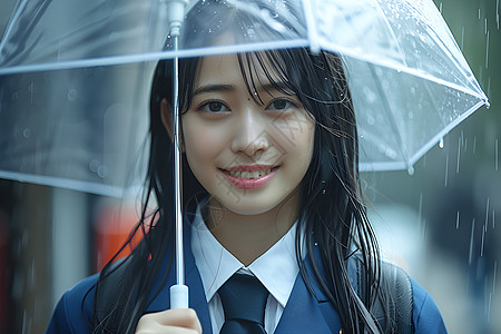 雨中微笑的少女高清图片