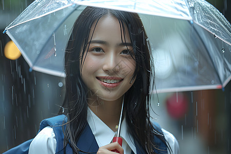 雨中打伞微笑的女孩图片