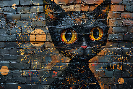 黑墙上的猫咪涂鸦图片