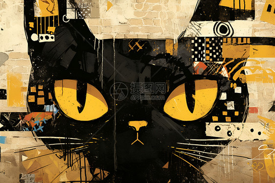 墙壁上的黑猫艺术绘画图片
