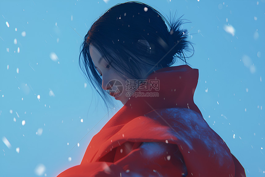 冬天雪中的红衣女子图片