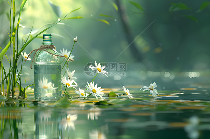 清澈池塘中的水瓶与雏菊图片