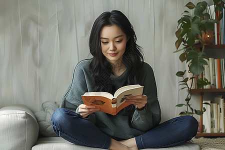 女人在白色沙发上阅读图片