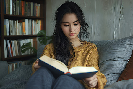 女孩在书架旁静读图片