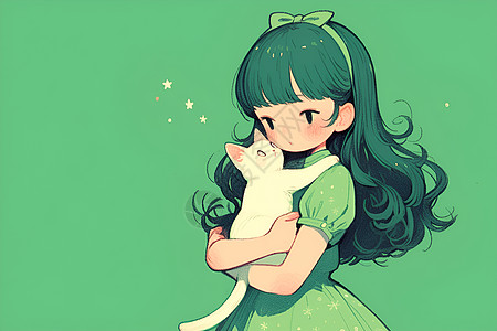 少女与小猫插画背景图片