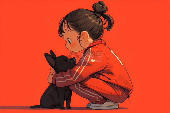 小女孩抱着黑色小狗图片