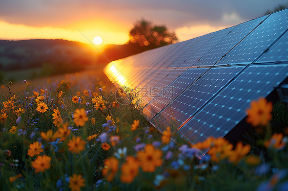 夕阳映照下的太阳能农田图片