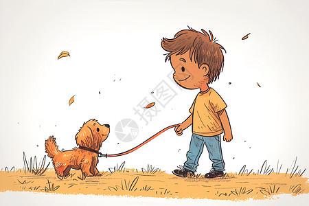 秋季草地上遛狗图片