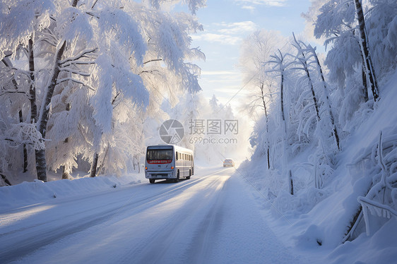 冰雪林间驶过的巴士图片