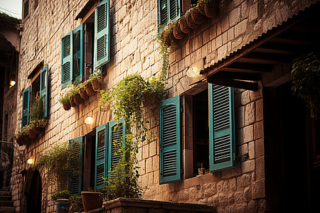 古老建筑上绿色百叶窗背景图片
