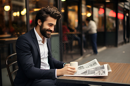 男子坐在露天咖啡店看报纸背景图片