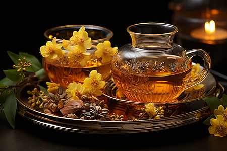 玻璃茶杯和鲜花背景图片