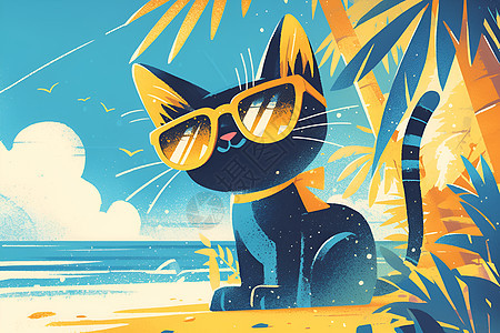 海滩上戴着墨镜的小猫图片