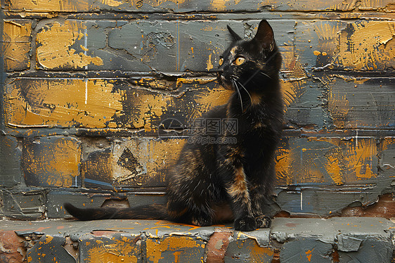 砖墙前的猫咪图片