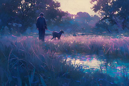 男子牵着狗漫步在田野中图片
