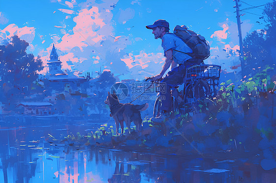 河畔散步男士与狗图片