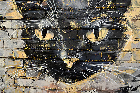 砖墙上的涂鸦猫头图片