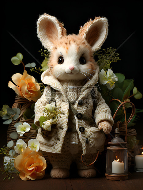 绣兔与鲜花图片
