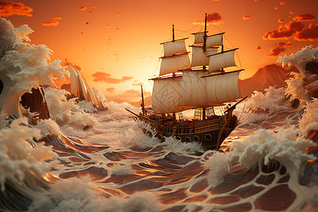 插画海洋的帆船模型插画