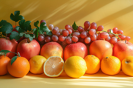 桌面上丰收的水果背景图片