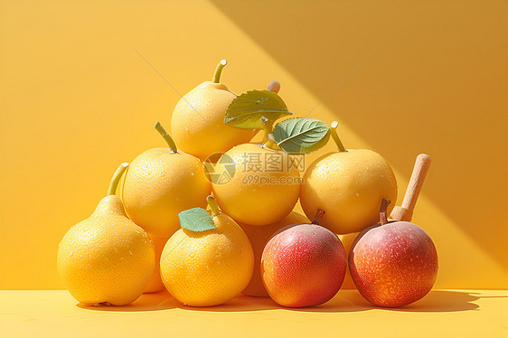 黄色背景中堆积的水果图片