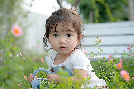 花园内可爱的小女孩高清图片