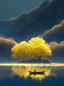 湖光山色中的孤舟图片