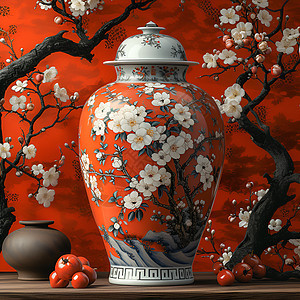 白色绘画的红色花瓶图片