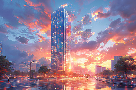 绘画的城市高楼大厦背景图片