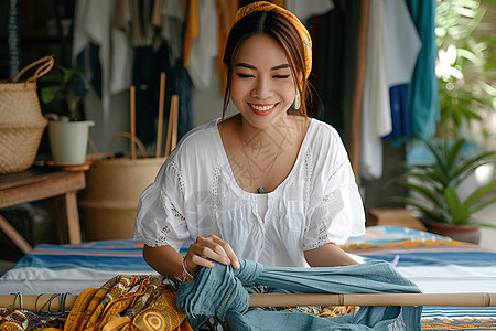 青年女性扎染布料背景图片