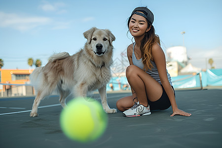 女人和狗一起打网球图片