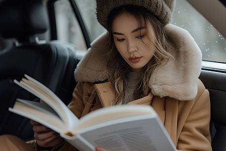 随车阅读的女子图片