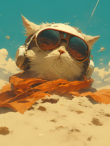 猫咪戴着墨镜和围巾在沙滩上图片
