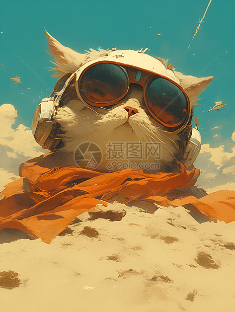猫咪戴着墨镜和围巾在沙滩上图片