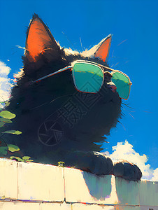 海滩猫咪戴墨镜坐在栏杆上图片