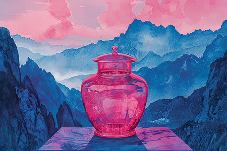 玻璃陶瓷山水间的粉色瓶子插画