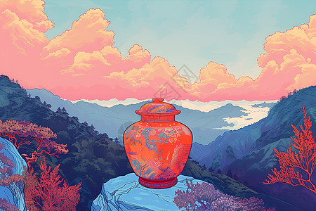 玻璃陶瓷夕阳山川中的紫罐插画